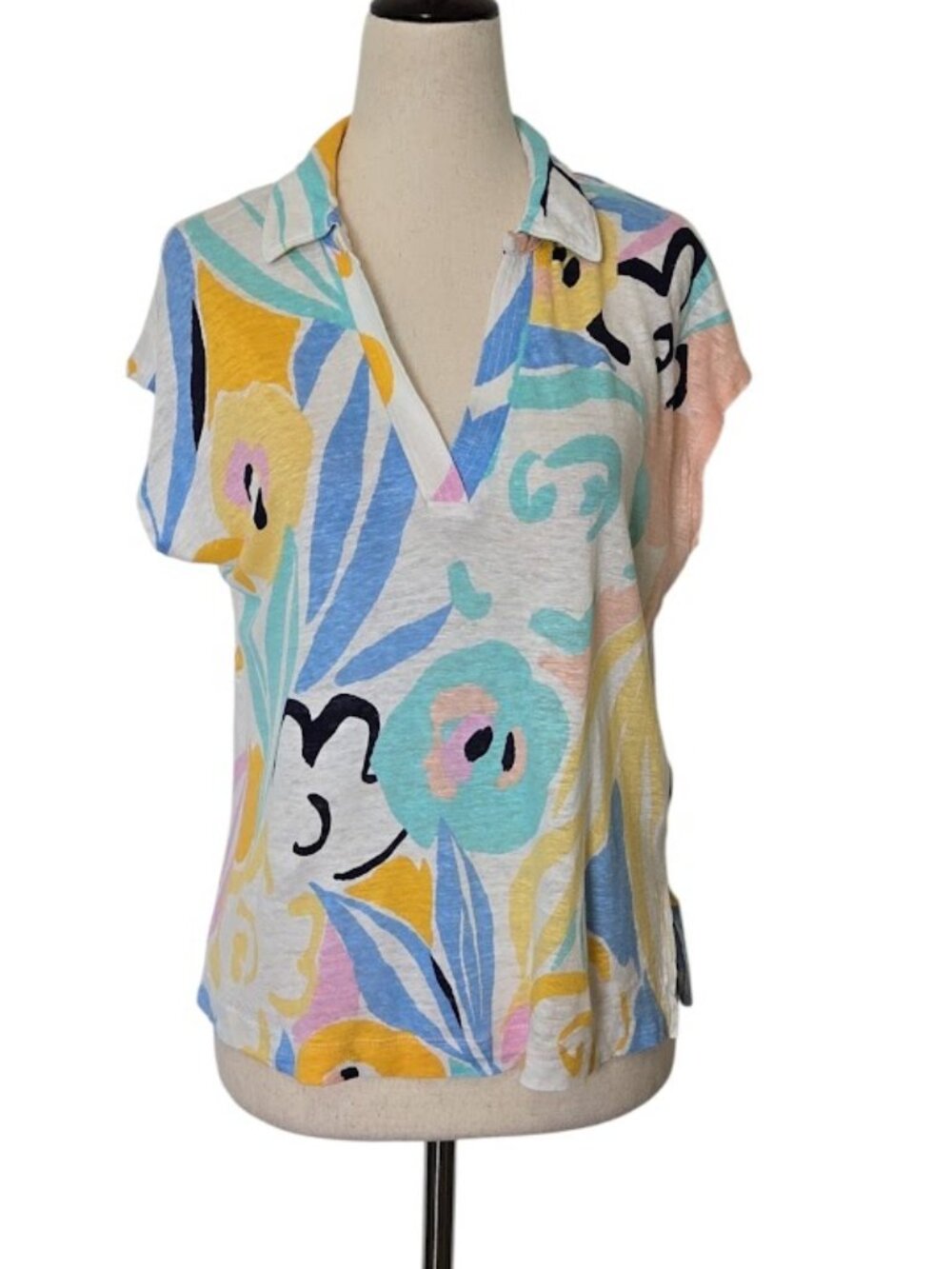 RACHEL ZOE 100% Linen Floral Print Collared Short Sleeve Top Women’s M EUC